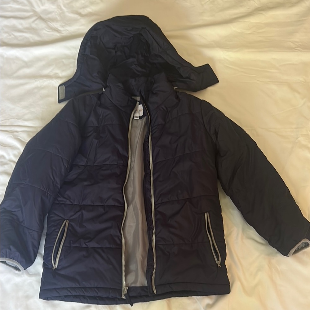 Blue Puffer Jacket with Hood and Quilted Design